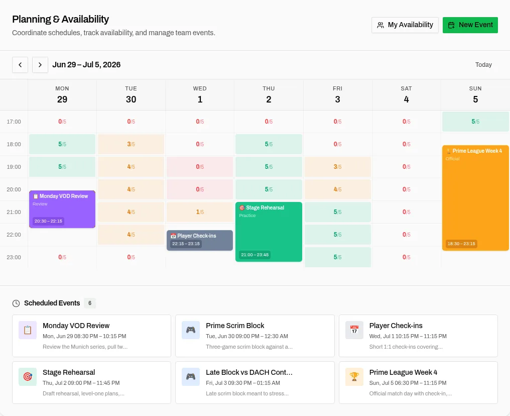A Scrimora planning week: shared availability per hour with scrim blocks, a VOD review, and match day